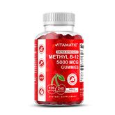 Vitamatic B12 gummies in cherry flavor in a jar for daily energy support.
