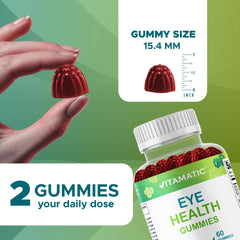Vitamatic Eye Health Gummies closeup showing chewy texture and flavor appeal.