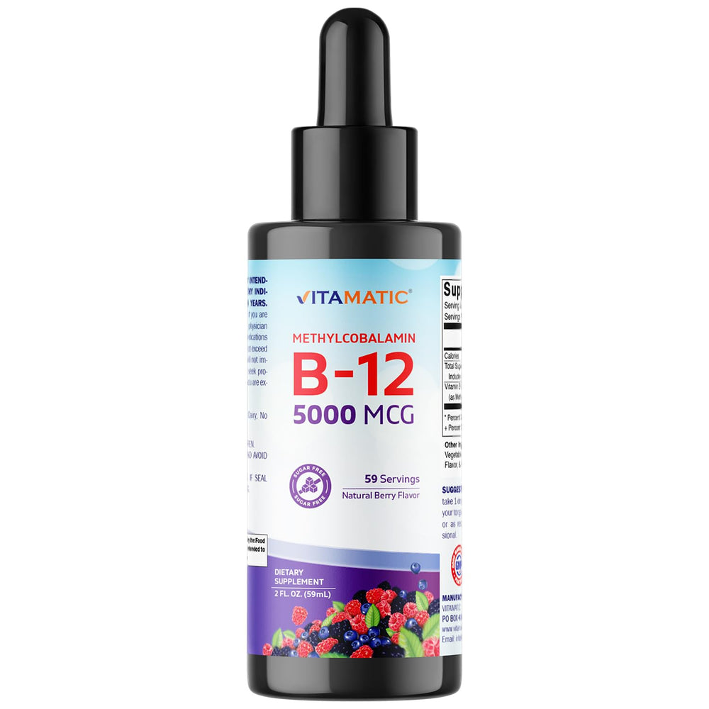 Vitamatic fast-acting B12 bottle highlights premium methylcobalamin for easy daily use.