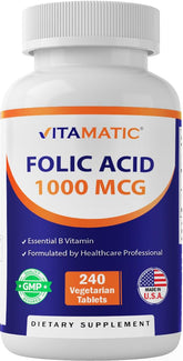 Vitamatic Folic Acid 1000 mcg bottle with vegetarian, gluten-free formula.