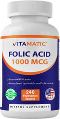 Vitamatic Folic Acid 1000mcg bottle front, visible 240-count packaging for prenatal planning