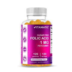 Vitamatic Folic Acid Gummies bottle front view for prenatal supplementation option.
