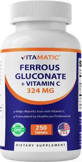 Vitamatic Gluconato Ferroso 324 mg, tabletas visibles: posible apoyo a niveles de hierro diarios.