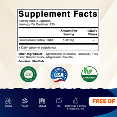Vitamatic Glucosamine Sulfate 1500mg bottle back label with dosage details