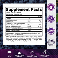 Vitamatic Iron 65 mg Gummies closeup of tasty gummies with natural grape flavor