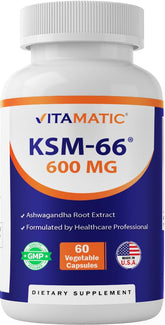 Vitamatic KSM-66 Ashwagandha bottle showcasing premium extract for daily energy support.