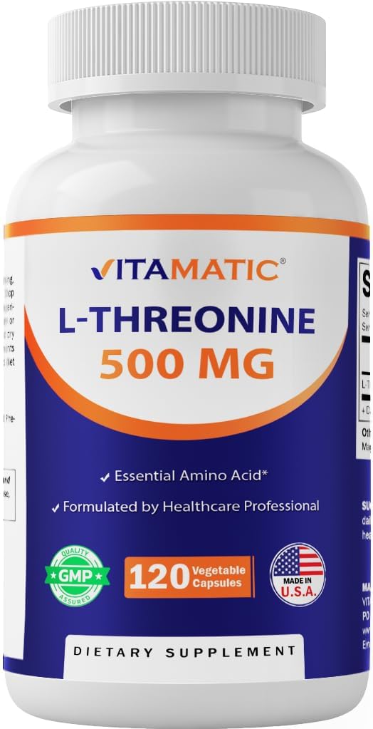 Vitamatic L-Threonine 500mg bottle promoting daily liver-supportive wellness.