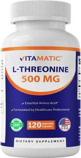 Vitamatic L-Threonine 500mg bottle promoting daily liver-supportive wellness.