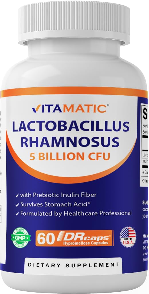 Vitamatic Lactobacillus Rhamnosus bottle and cap showing protective DRcaps design for stomach safety