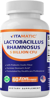 Vitamatic Lactobacillus Rhamnosus bottle and cap showing protective DRcaps design for stomach safety