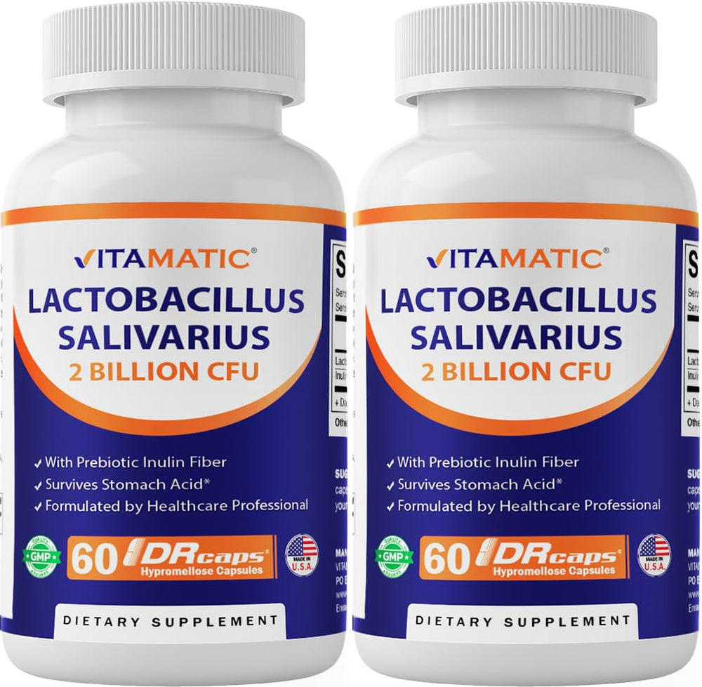 Vitamatic Lactobacillus Salivarius bottle front for daily digestive support.