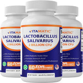 Vitamatic Lactobacillus Salivarius bottle shown for daily digestive support with probiotic prebiotic blend.