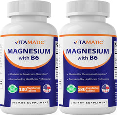 Vitamatic Magnesium with B6 180-tablet bottle shown for daily wellness use