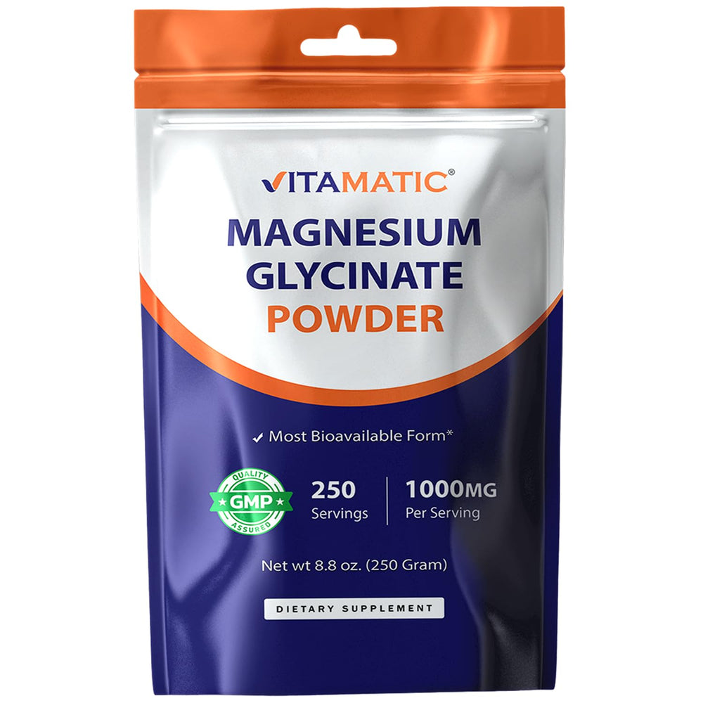 Vitamatic Magnesium bottle with label visible showing glycinate and oxide blend for daily support.