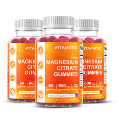 Vitamatic Magnesium Gummies raspberry bottle—tasty daily relaxation option