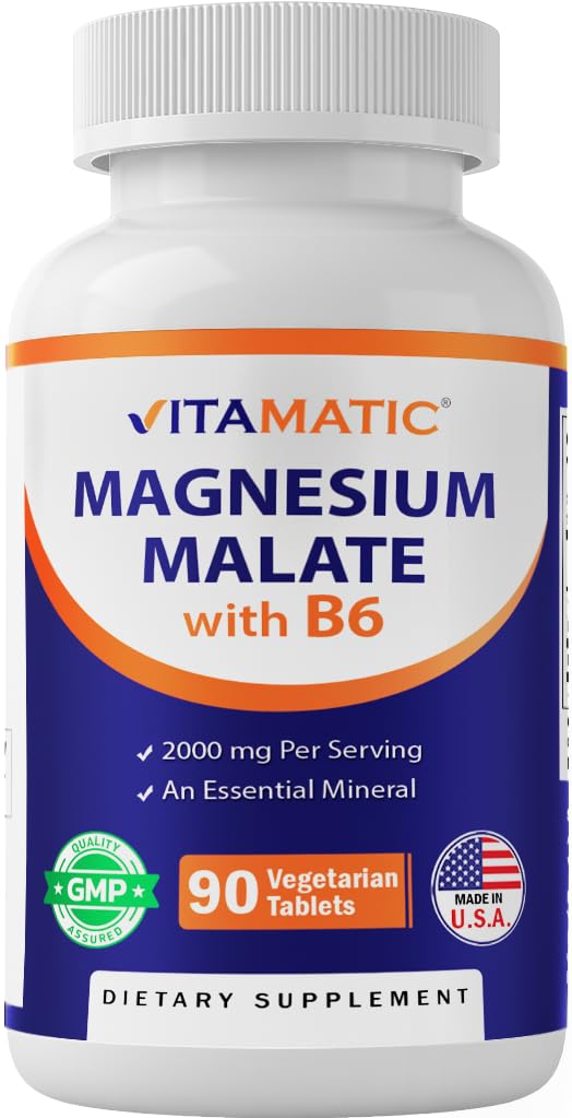 Vitamatic Magnesium Malate bottle shows 2000 mg per serving for absorption