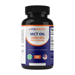 Vitamatic MCT Oil bottle front view highlights coconut-based formula for keto support.