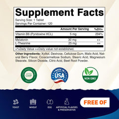 Vitamatic Melatonin bottle back with dosage guidance and ingredients.