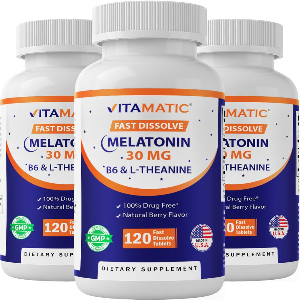 Vitamatic Melatonin 30mg bottle front view for nightly relaxation.