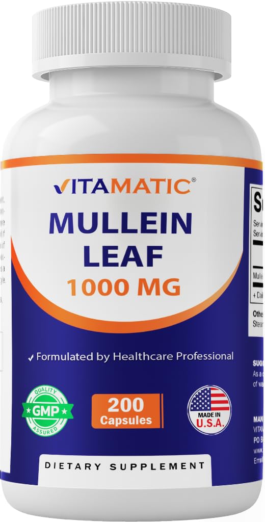 Vitamatic Mullein Leaf bottle with capsules for respiratory support.