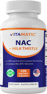 Vitamatic NAC supplement bottle label showing daily antioxidant support.