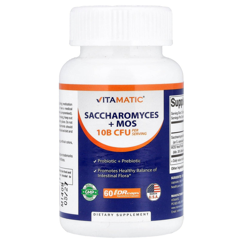Vitamatic Saccharomyces boulardii bottle highlighting gut health support