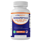 Vitamatic Serrapeptase bottle front shows enteric coated capsules for stomach acid protection