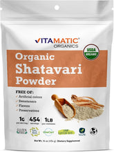 Vitamatic Shatavari powder packaging—USDA Organic status supports clean nutrition.