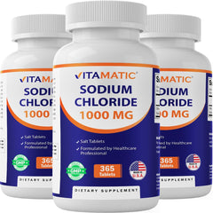 Vitamatic Sodium Chloride 1000mg bottle for easy hydration on the go.