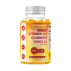 Vitamatic Sugar Free D3 gummies bottle with orange flavor for daily wellness.