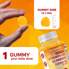One Vitamatic D3 gummy on a plate shows daily serving.
