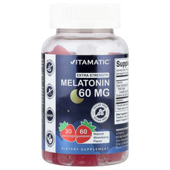 Vitamatic sugar-free melatonin 60mg gummies in a jar for restful nights and vegan use.