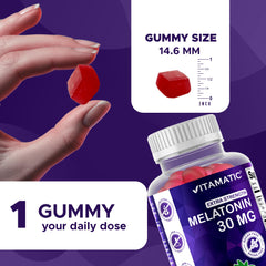 Vitamatic Sugar Free Melatonin gummies closeup highlights strawberry flavor and chewable texture