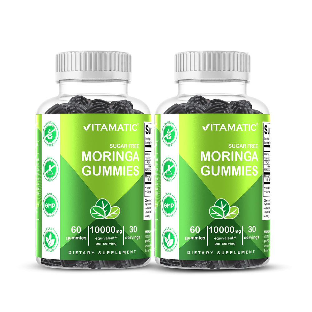 Vitamatic sugar-free moringa gummies bottle for convenient daily use.