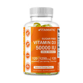 Vitamatic sugar-free vitamin D3 50,000 IU weekly gummies bottle for convenient daily supplementation.