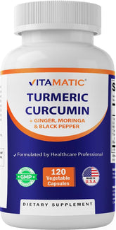 Vitamatic Turmeric Curcumin 95% bottle highlights high-potency curcuminoids for daily support.