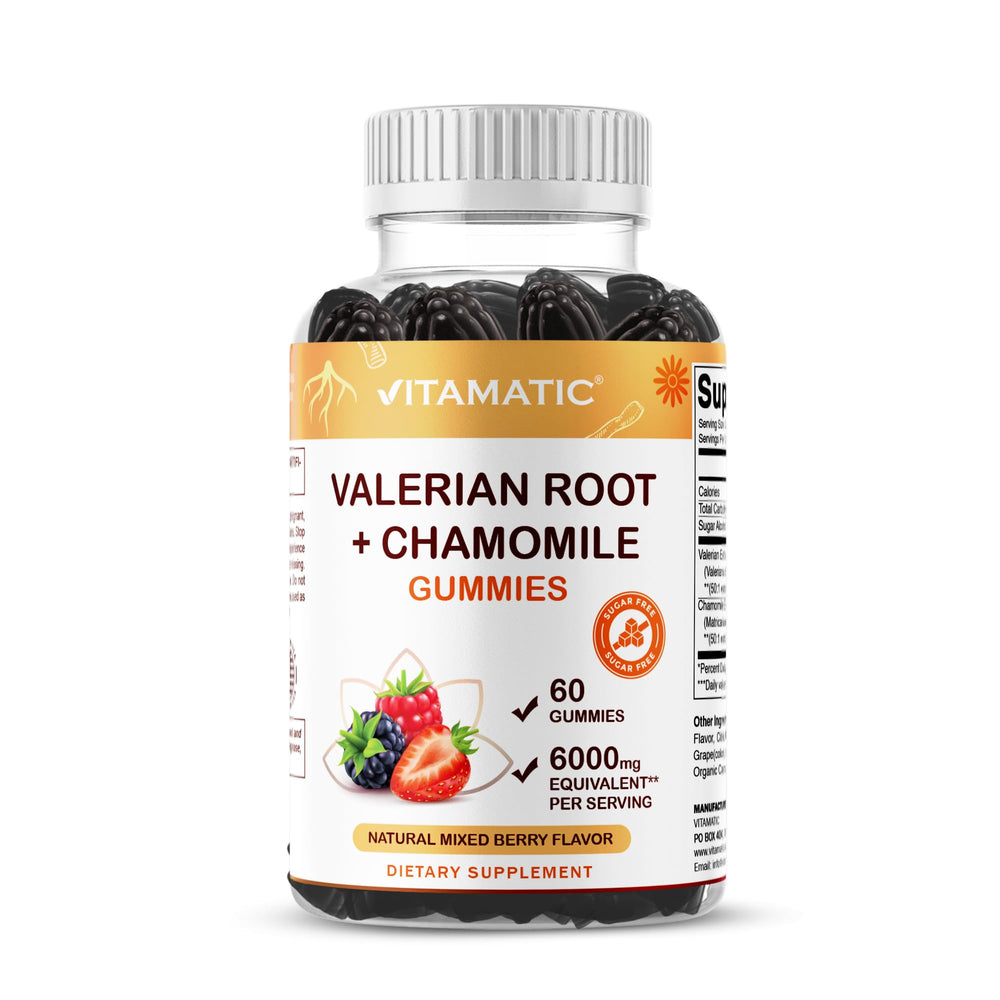 Vitamatic Valerian gummies bottle front for calm evening routine