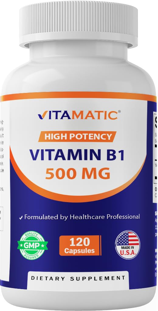 Vitamatic Vitamin B1 bottle with capsules, supports nervous system and energy metabolism