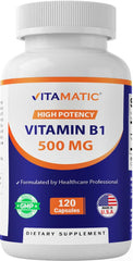 Vitamatic Vitamin B1 bottle with capsules, supports nervous system and energy metabolism