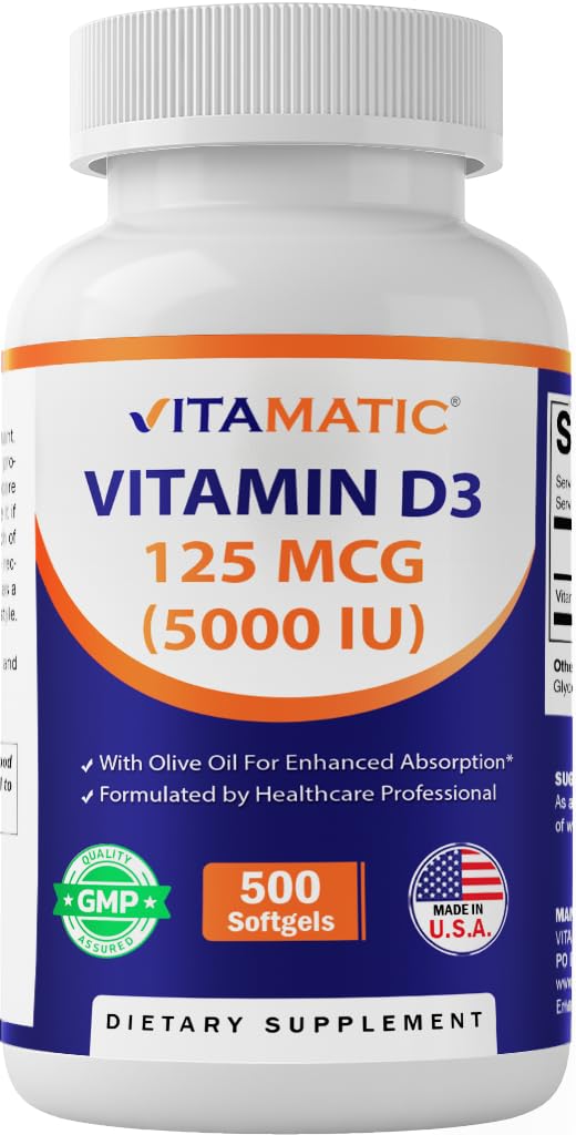 Vitamatic Vitamin D3 5000 IU bottle for daily bone and immune support.