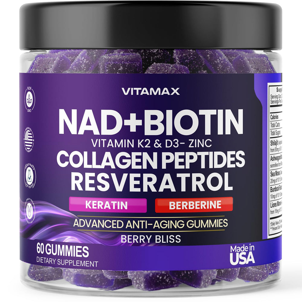 Vitamax NAD+ Resveratrol Berberine Biotin gummy bottle; supports daily energy and beauty routine