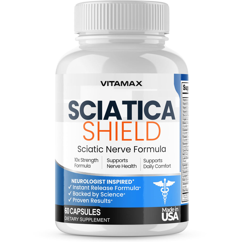 Vitamax Sciatica Shield bottle front view highlighting a USA-made formula for nerve support