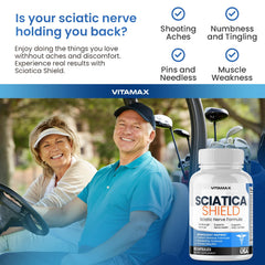 Vitamax Sciatica Shield label showing Made in USA branding and quality