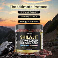 Vitamax Shilajit Gummies ingredients label highlights 85 trace minerals and vegan formula