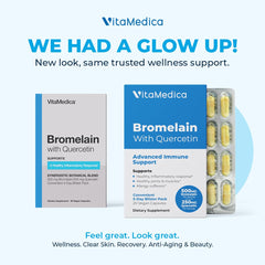 VitaMedica Bromelain & Quercetin capsules closeup emphasizing easy daily dosing for joints.