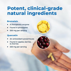 VitaMedica Bromelain & Quercetin ingredients panel highlights pineapple-derived bromelain and quercetin.
