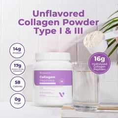 VitaMedica collagen peptides beside a glass of smoothie for easy blending.