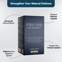 Graphic showing 13 probiotic strains in Vitamin Bounty Pro-100
