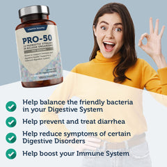 Close-up of Pro-50 capsules illustrating delayed-release design for gut delivery