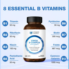 Vitamin World Stress B Complex bottle label showing eight essential B vitamins for balanced daily wellness.